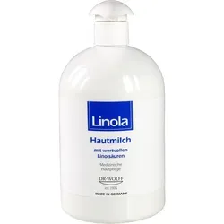 Linola Hautmilch Spender 500 ML - Ganzkörperpflege für trockene Haut, mit wertvollen Linolsäuren zur Regeneration und Linderung von Juckreiz. Ideal für die tägliche Basispflege, auch bei Neurodermitis.