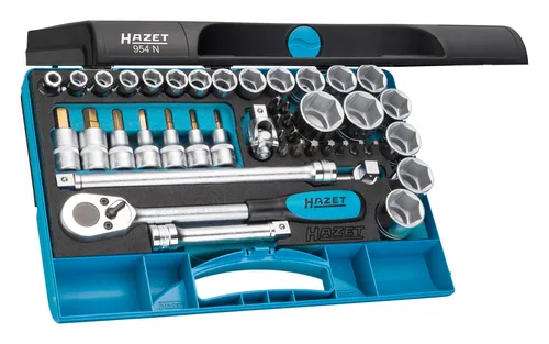 Hazet Steckschlüsselsatz 1/2" (12.5 mm) 44-teilig 954N - Betätigungswerkzeuge mit Schraubendreher-Steckschlüsseleinsätzen und Safety-Insert-System für sichere Aufbewahrung und einfachen Zugriff.