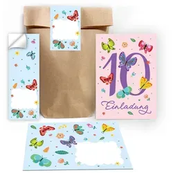 JUNAPACK Einladungskarten Schmetterling zum 10. Geburtstag Einladungen mit Umschlägen Mitgebsel, Mitbringsel Set Schmetterlinge zum zehnten Geburtstag Gastgeschenke