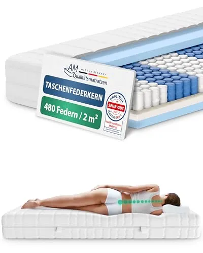 AM Qualitätsmatratzen 7-Zonen Taschenfederkernmatratze 100x190 cm - H4 Made in Germany - Orthopädische Matratze für erholsamen Schlaf, mit 480 Taschenfedern für optimale Punktelastizität und ergonomische Unterstützung. Hochwertiger Bezug, abnehmbar und waschbar, für ein perfektes Schlafklima.