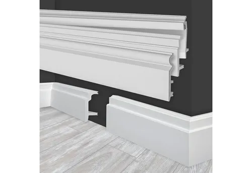 marbet design Sockelleiste, weiß HDPS Kunststoff - 2 Meter Fußleisten Profil Fußbodenleisten Abschlussleisten Boden Leisten Kabelkanal (HF-1 108x24 mm, Musterstück)