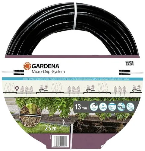 GARDENA Micro-Drip System Tropfrohr 13mm (1/2") - Werkzeug für effiziente Bewässerung mit druckkompensierenden Tropfern, die konstant 1,6 l/h abgeben und sich ideal für Hecken und Sträucher eignen.