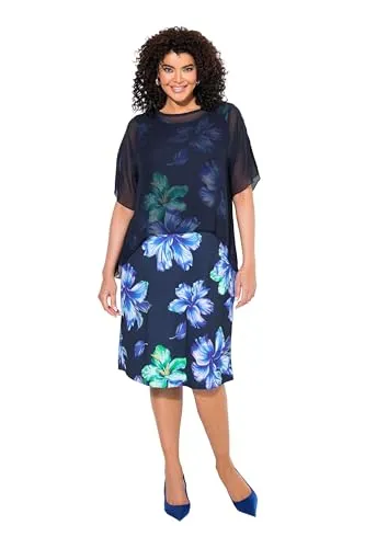 Ulla Popken Plus Size Kleid mit Blütenmuster - Doppellagiges Kleid in großen Größen, transparentes Chiffon-Oberteil mit U-Boot-Ausschnitt und lässigem Blütenmuster, ideal für besondere Anlässe.