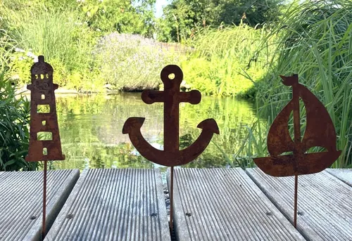 LB H&F Lilienburg Teichfigur 3er SET Maritime Deko maritim Dekoration Stecker Rost Leuchtturm, (Gartenteich wetterfest Roststecker Figur Metallstecker Geschenk Gartenliebhaber Gartenstecker Beetstecker Miniteich, rostig rostige Gartendeko Edelrost Dekofigur Gartenfigur Teichdeko), Anker Schiff Boot Segelboot Metalldeko Teichfigur Teichstecker