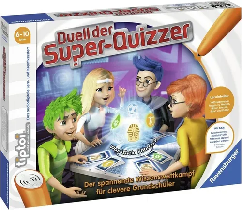 Ravensburger tiptoi 00833 - Duell der Super-Quizzer - Spielesammlung für Kinder ab 6 Jahren, die spielerisch Allgemeinwissen vermittelt. Mit zwei Schwierigkeitsstufen und interaktivem tiptoi Stift für ein fesselndes Quiz-Erlebnis.