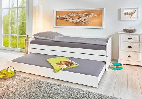 Inter Link Funktionsbett Lotar, weiß - Stauraumbett mit 3 Liegeflächen - Praktisches Stauraumbett mit Stauraumschublade und ausziehbarer Liegefläche. Ideal für kleine Räume, bietet Platz für bis zu 3 Matratzen (max. 11 cm Höhe).