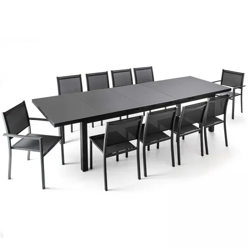 Oviala Business Set - Ausziehbarer Gartentisch 256-320 cm mit 10 Sitzflächen - Gartenmöbel-Set mit ausziehbarem Tisch und 10 bequemen Sitzplätzen. Robuste Aluminiumkonstruktion, UV-beständig und ideal für gesellige Runden im Freien.