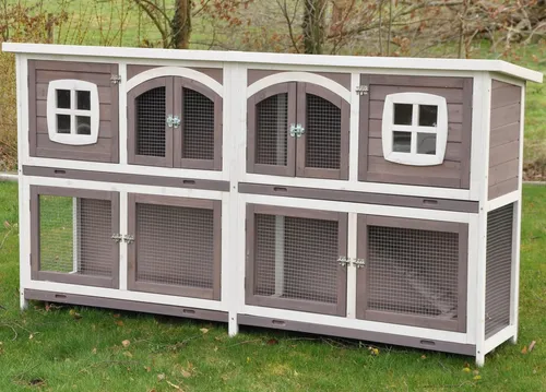 Nanook XXL Kleintierstall Murmel taupe 211x52x107 cm - Kleintierkäfige - Wetterfester XXL Doppel-Hasenstall aus hochwertigem Nadelholz, ideal für mehrere Nager mit Rampe und Fenster für optimale Belüftung.