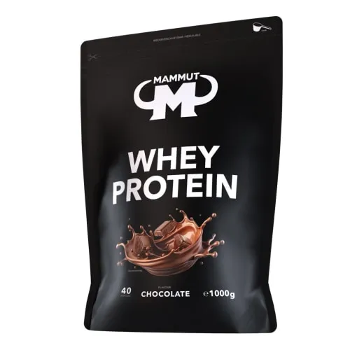 Mammut Nutrition Whey Protein Pulver Chocolate – 1kg - Molkenproteine mit 27g Protein pro Portion und hohem BCAA-Anteil, ideal für Muskelaufbau und perfekte Löslichkeit in Wasser oder Milch.