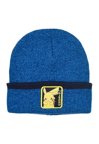 Pokémon Mütze Kinder Jungen – Pikachu Beanie mit Umschlag – Warme Wintermütze aus Strick (DE/NL/SE/PL, Numerisch, 54, Blau)