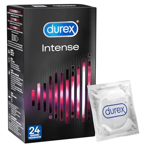 Durex Intense Kondome – Perfekter Sitz & leichtes Abrollen - mit Noppen, Rippen & mit Desirex-Gel befeuchtet – angenehmes Minzaroma – 24er Pack (1 x 24 Stück)