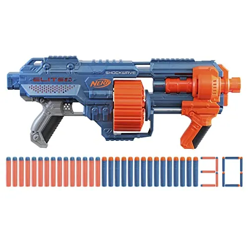 Nerf Elite 2.0 Shockwave RD-15 Blaster - 30 Nerf Darts, 15-Dart Rotationstrommel, schnellfeuer mit Pump-Action und erweiterbar für individuelles Spielvergnügen