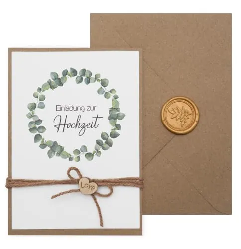ZauberDeko Einladungskarte Hochzeit mit Briefumschlag Personalisiert Eukalyptus Gold Kraftkarton