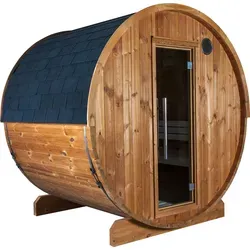 Sentiotec Kaski 180 Panorama Fasssauna - Sauna aus Thermo-Kiefer für 4 Personen, mit LED-Beleuchtung, ideal für entspannende Momente im Garten.