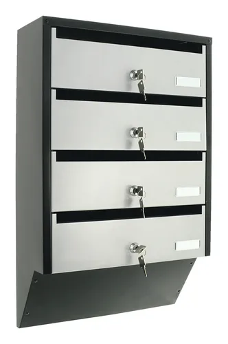 Rottner Briefkasten T06209 Depot 4 - Silber/Schwarz - Flache Briefkastenanlage für 4 Personen, aus hochwertigem Stahl. Mit Namensschild-Haltern, ideal für moderne Wohnanlagen. Maße: 60 x 39 x 14 cm.