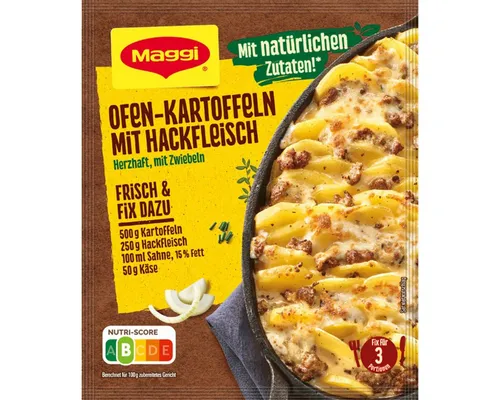 MAGGI Fix für Ofen Kartoffeln mit Hackfleisch 34g - Genießen Sie deftige Ofenkartoffeln mit Hackfleisch und Röstzwiebeln. Ideal für schnelle und schmackhafte Gerichte, perfekt gewürzt mit Kräutern und Gewürzen.