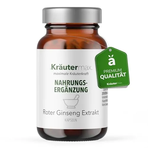 NEU! Kräutermax Roter Ginseng Kapseln | 450 mg Extrakt, Vegan & Zusatzstofffrei | Energie & Vitalität | 1 x 60 Stück