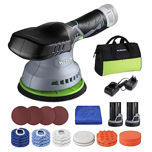 WORKPRO Exzenter Poliermaschine 12V - Kabellos & Leistungsstark - Kompakte 12V Exzenter Poliermaschine mit bis zu 5500 U/min. Ideal für präzises Polieren und Schleifen, leicht zu transportieren. Inklusive 2 Akkus und umfangreichem Zubehör für vielseitige Anwendungen.