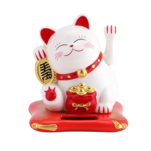 Jadeshay Winkende Katze Solar Glückskatze Winkekatze Weiße Mini Maneki Neko Niedlicher Solar-Glücksbringer für Schreibtisch, Auto, Zuhause