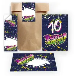 JUNAPACK Einladungskarten Graffiti zum 10. Geburtstag Einladungen Karte mit Umschlägen Mitgebsel, Mitgebsel Set mit Graffiti für Kinder zum zehnten Geburtstag