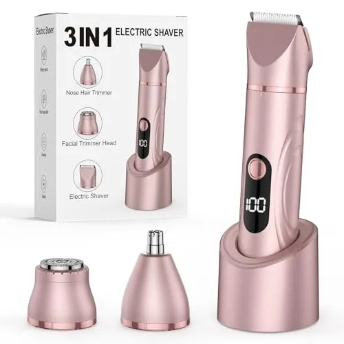 Rasierer Damen, 3-in-1 Intimrasierer für Frauen Elektrisch für Körper Scham und Nasenhaartrimmer Nass- und Trockengebrauch Wiederaufladbarer Trimmer IPX6 Wasserdicht (Roségold)