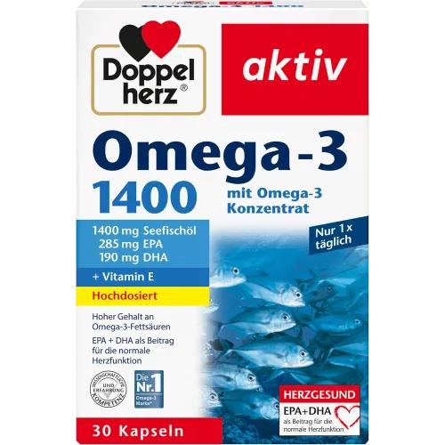 Doppelherz Omega-3 1400 Kapseln - Omega-3 Öl, unterstützt die normale Herz- und Hirnfunktion mit hochwertigen Omega-3-Fettsäuren, ideal für Herren, 30 Kapseln.