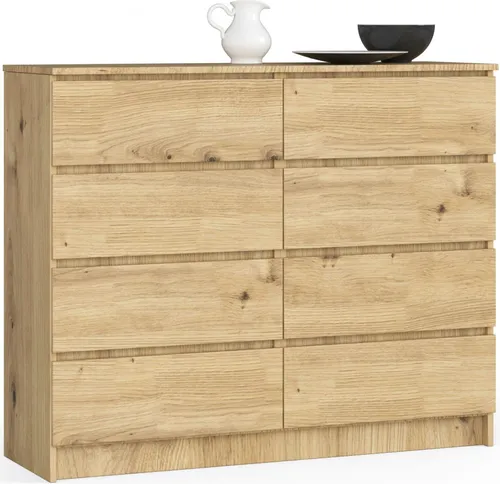 Kommode AKORD K120 Eiche Artisan mit 8 Schubladen, 120 cm - Praktische Kommode AKORD K120 in Eiche Artisan für stilvolle Aufbewahrung. Mit 8 geräumigen Schubladen bietet sie optimalen Zugriff und dekorative Akzente in jedem Raum.