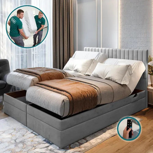TRADA Adele Boxspringbett 160x200 – Elektrisch verstellbar mit 9 Zonen Taschenfederkern - Boxspringbett mit elektrisch verstellbarem Rahmen für individuellen Komfort, zwei großen Bettkästen für Stauraum und 9-Zonen-Taschenfederkern für optimale Druckentlastung.