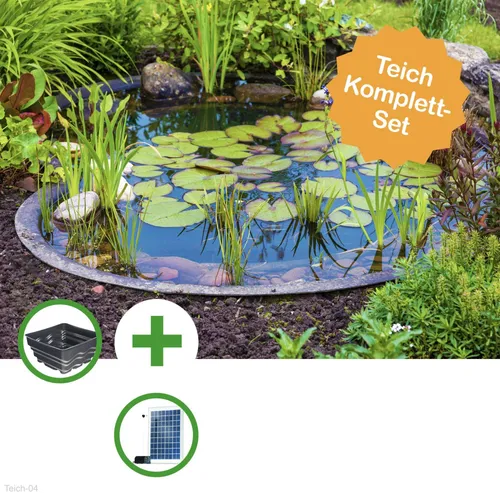 Heissner Fertigteich Set - Moderner Solar Fertigteich - Teichbecken aus grauem Kunststoff, 70 l Füllmenge, inkl. Solar Teichpumpe - ideal für kleine Gärten und anspruchsvolle Wasserliebhaber.