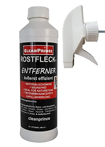 CleanPrince Rostfleck - Entferner 0,5 Liter Rostfleckenentferner Rostfleckentferner Rostfleckreiniger Reiniger Rost Marmor Schiefer Klinker Sandstein Quarzit Fliesen Keramik Beton säurefrei