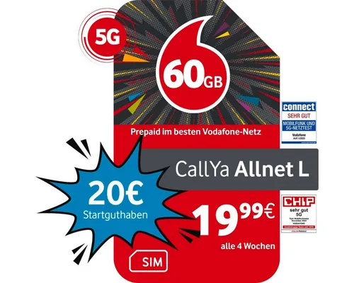 Vodafone Prepaid CallYa L, 60 GB statt 35 GB, 20 EUR Prepaidkarte