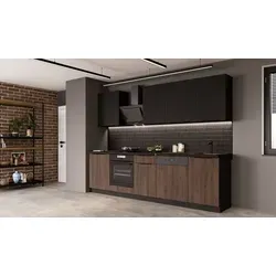 Küche MONZA SIENA BASIC 280 Küchenzeile - Küchenzeile in modernem Okapi Nussbaum und schwarz matt, bietet viel Stauraum und eine stilvolle Lösung für jedes Zuhause.