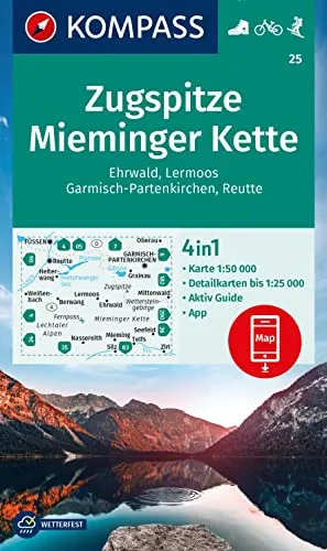 KOMPASS Wanderkarte 25 Zugspitze, Mieminger Kette, Ehrwald, Lermoos, Garmisch-Partenkirchen, Reutte 1:50.000: 4in1 Wanderkarte, mit Aktiv Guide und ... in der KOMPASS-App. Fahrradfahren. Skitouren.