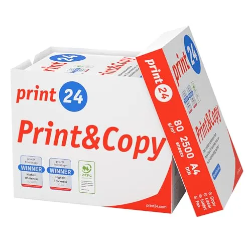 print24 Druckerpapier Kopierpapier 2500 Blatt DIN A4 80 g - Papier für professionelle Druckergebnisse, hochweiß mit CIE 160 und PEFC-zertifiziert für umweltfreundlichen Einsatz.