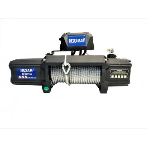 Husar Winch Elektrische Seilwinde 12V, 12000 lbs (5443 kg) mit Drahtseil 25m, drahtlose Steuerung, 3-Stufen-Planetengetriebe - für Abschleppwagen, Geländewagen, Fahrzeuge 4x4