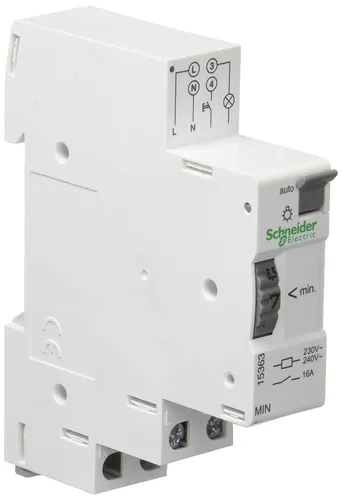 Schneider Electric 15363 Treppenlichtautomat MIN - Automatisierungstechnik für effiziente Lichtsteuerung, mit einstellbarer Einschaltdauer von 1-7 Minuten und zwei Betriebsarten für Hand- oder Automatikbetrieb.