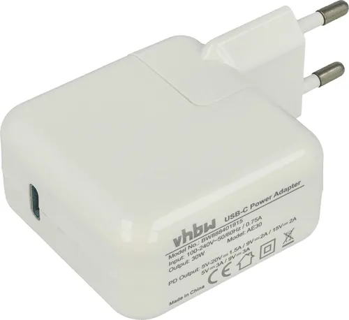 vhbw USB C Ladeadapter kompatibel mit Apple Macbook Pro 13" 2020 M1, 13" 2022 M2, 13" 2022 M1, 15" 2016 - Steckdosen-Adapter (Max. 15 / 9 / 5 V) Weiß
