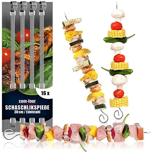 com-four® 16x Schaschlikspieße 30 cm aus Edelstahl - Lange Fleischspieße - Premium Grillspieße, Gemüsespieße im Set für BBQ, Grill, Fleisch, Schaschlik und Gemüse (30cm - 16 Stück)