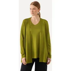 Ulla Popken Sommerjacke Slinkyjacke - Elegante Funktionsjacke in offener Form mit Schalkragen, ideal für warme Tage. Bequem und stilvoll in den Farben grün und lila, perfekt für einen lässigen Look.