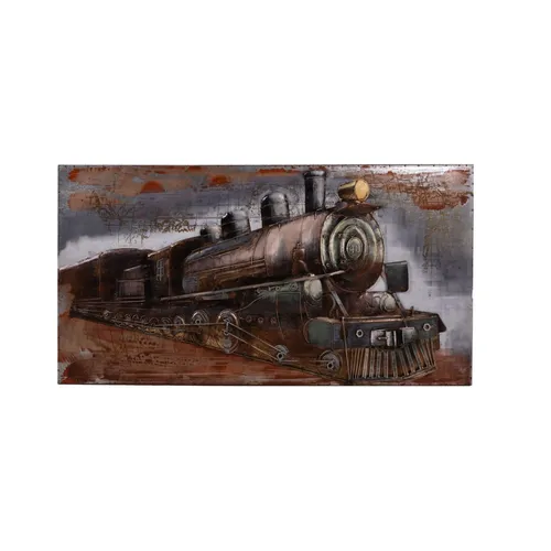 3D Metallbild Dampflok - Harms Import & Vertriebs GmbH & Co. KG - Sonstige Wanddekoration, hochwertiges Stahlkunstwerk mit nostalgischem Dampflok-Motiv, handgefertigte Malerei für besondere Tiefe und Detailtreue.