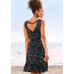 Druckkleid S.OLIVER, Damen, Gr. 36, N-Gr, beige (schwarz, beige, bedruckt), Jersey, Obermaterial: 100% Viskose, bedruckt, modisch, figurumspielend kniefrei, tiefer V-Ausschnitt, ohne Ärmel, Kleider, mit Zierband hinten, kurzes Sommerkleid im Alloverdruck, Strandkleid