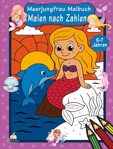 Malen nach Zahlen Meerjungfrau Malbuch für Kinder ab 5–7 Jahren: Mit 50 Ausmalbildern und praktischer Farbschablone zum einfachen Lernen von Farben und Zahlen für Vorschulkinder und Erstklässler.