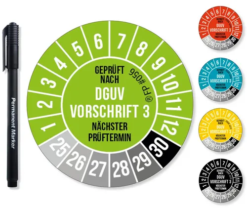 Frank Paperman Aufkleber DGUV V3 Prüfplaketten 20-30 mm Ø inkl. Folienstift, Prüfplaketten, (60tlg), Nächster Prüftermin, UV-beständig, Hohe Klebkraft