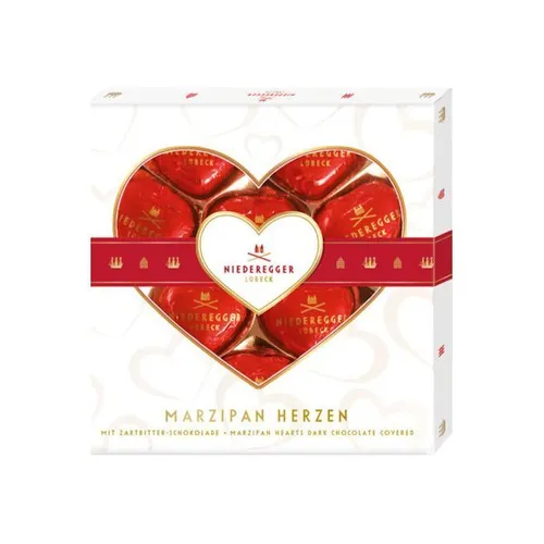 Niederegger Marzipan Herzen Zartbitter 125 g - Feine Marzipan-Pralinen in Herzform aus dunkler Schokolade, ideal als Geschenk zum Valentinstag oder für besondere Anlässe.