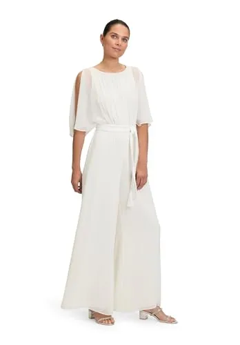 Vera Mont Damen Overall mit Bindegürtel - Eleganter Look in Weiß (Gr. M) - Eleganter Overall für Damen aus pflegeleichtem Chiffon, ideal für besondere Anlässe. Mit Rundhalsausschnitt und kurzem Arm, sorgt für einen stilvollen Auftritt.