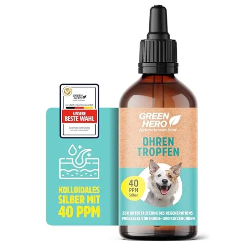 Green Hero Ohrentropfen 100 ml mit ionisch & kolloidalem Silber 99,99% 40 PPM für Hunde,Katzen & Kleintiere | Pflegende Ohrtropfen zur Regeneration bei Entzündungen, Infektionen & Juckreiz