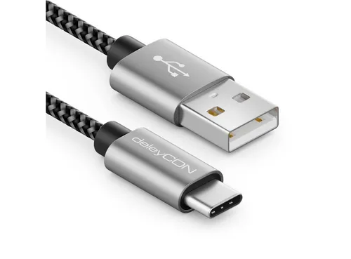 deleyCON 2m USB-C Kabel Nylon Ladekabel Datenkabel USB Typ C Handy Smartphone USB-Kabel