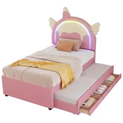 Polsterbett mit Stauraum und LED-Beleuchtung, 90x200 cm - Rosa - Stylisches Polsterbett mit höhenverstellbarem Kopfteil und RGB LED-Beleuchtung. Ideal für Kinderzimmer oder Gästezimmer. Bietet praktischen Stauraum durch 3 Schubladen. Hohe Stabilität und einfache Montage.