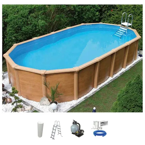 KWAD Ovalpool Wood Design Set (5-tlg) inkl. Sicherheitsleiter - Ovales Stahlwandbecken mit sandfarbener Innenfolie, ideal für Sommervergnügen. Inklusive Sicherheitsleiter und Sandfilteranlage für klares Wasser und Sicherheit.