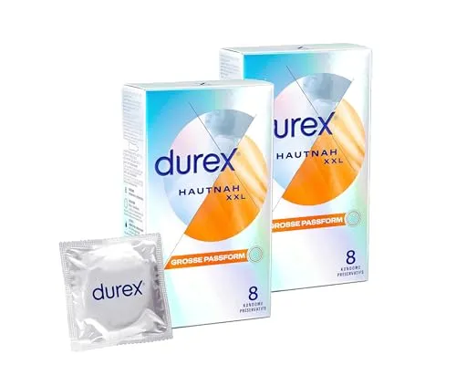 Durex Hautnah XXL Kondome – Ultra dünn, mit großer anatomischer Easy-On-Form & mit Silikongleitgel befeuchtet – 16er Pack (2 x 8 Stück)